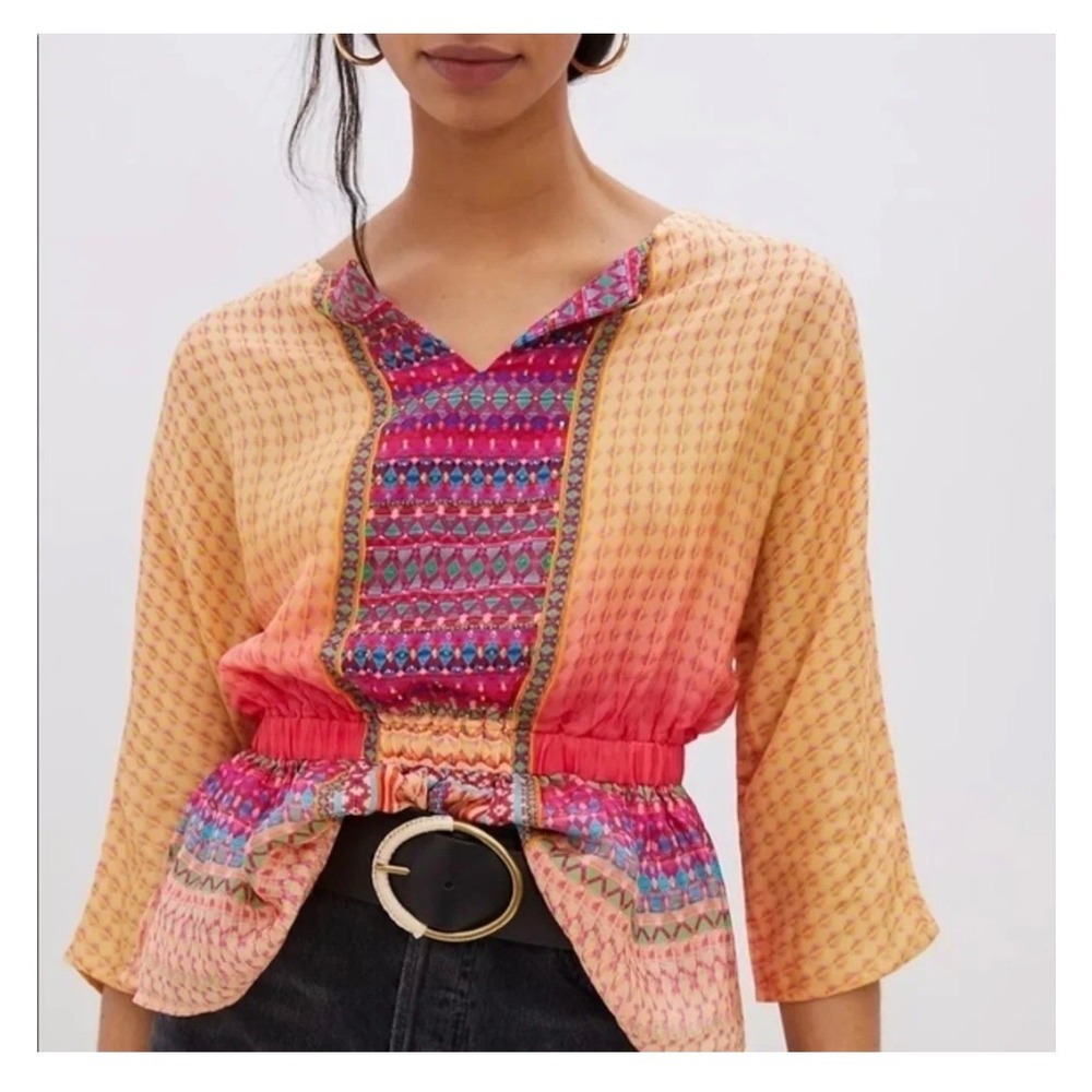 Tanvi Kedia Embroidered Peplum Blouse S Yellow Pink Boho Dolman Sleeve Top
